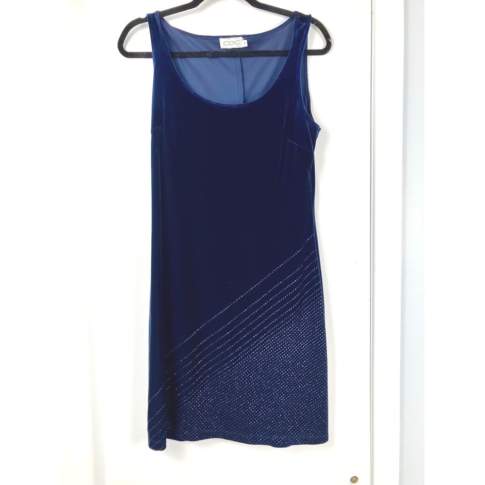 Women's 90s Midnight Blue Velvet Sequined Sheath Dress Size 8 Minimalist Classic